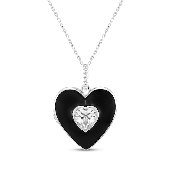 Heart-Shaped White Lab-Created Sapphire Black Enamel Heart Locket Necklace Sterling Silver 18"