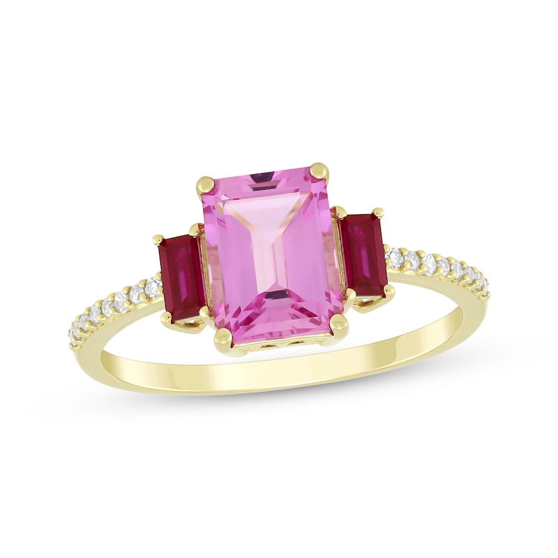 Main Image 1 of Emerald-Cut Pink Lab-Created Sapphire, Lab-Created Ruby & Diamond Ring 1/15 ct tw 10K Yellow Gold
