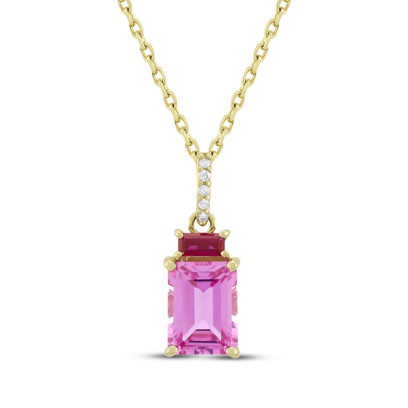 Main Image 1 of Emerald-Cut Pink Lab-Created Sapphire, Lab-Created Ruby & Diamond Accent Necklace 10K Yellow Gold 18&quot;