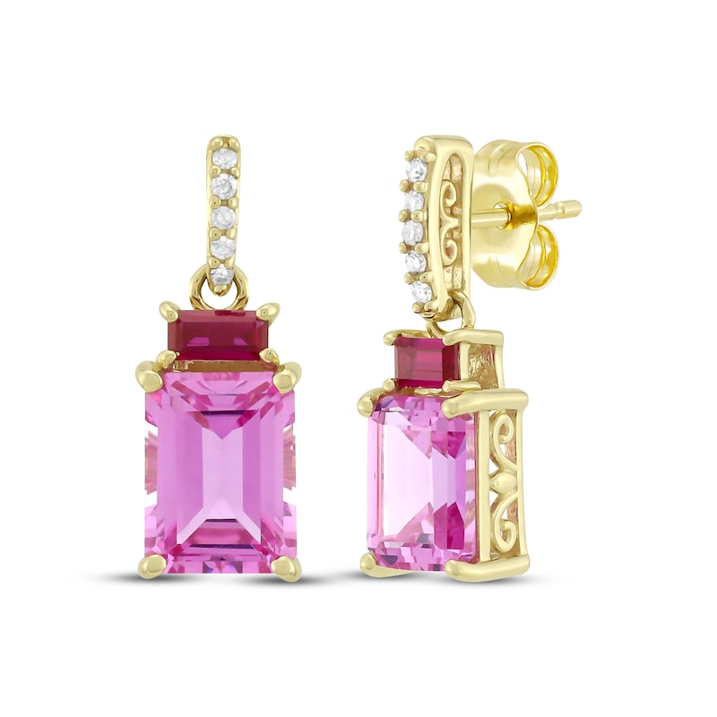 Main Image 1 of Emerald-Cut Pink Lab-Created Sapphire, Lab-Created Ruby & Diamond Drop Earrings 1/20 ct tw 10K Yellow Gold