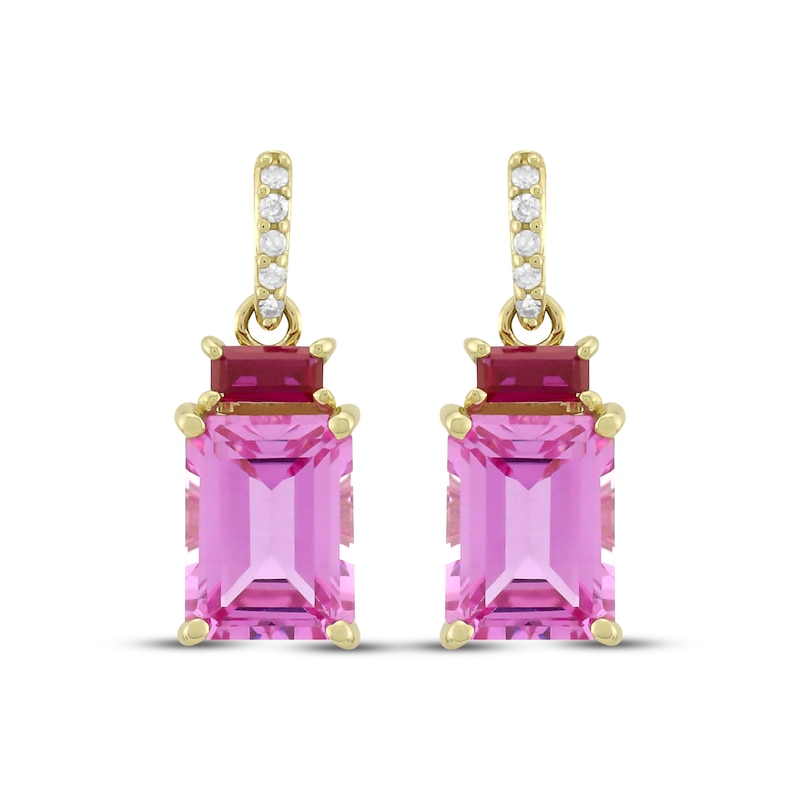 Main Image 2 of Emerald-Cut Pink Lab-Created Sapphire, Lab-Created Ruby & Diamond Drop Earrings 1/20 ct tw 10K Yellow Gold