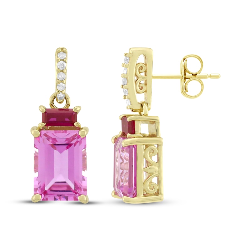 Main Image 3 of Emerald-Cut Pink Lab-Created Sapphire, Lab-Created Ruby & Diamond Drop Earrings 1/20 ct tw 10K Yellow Gold