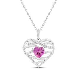 Heart-Shaped Pink Lab-Created Sapphire & White Lab-Created Sapphire Crisscross Heart Necklace Sterling Silver 18"