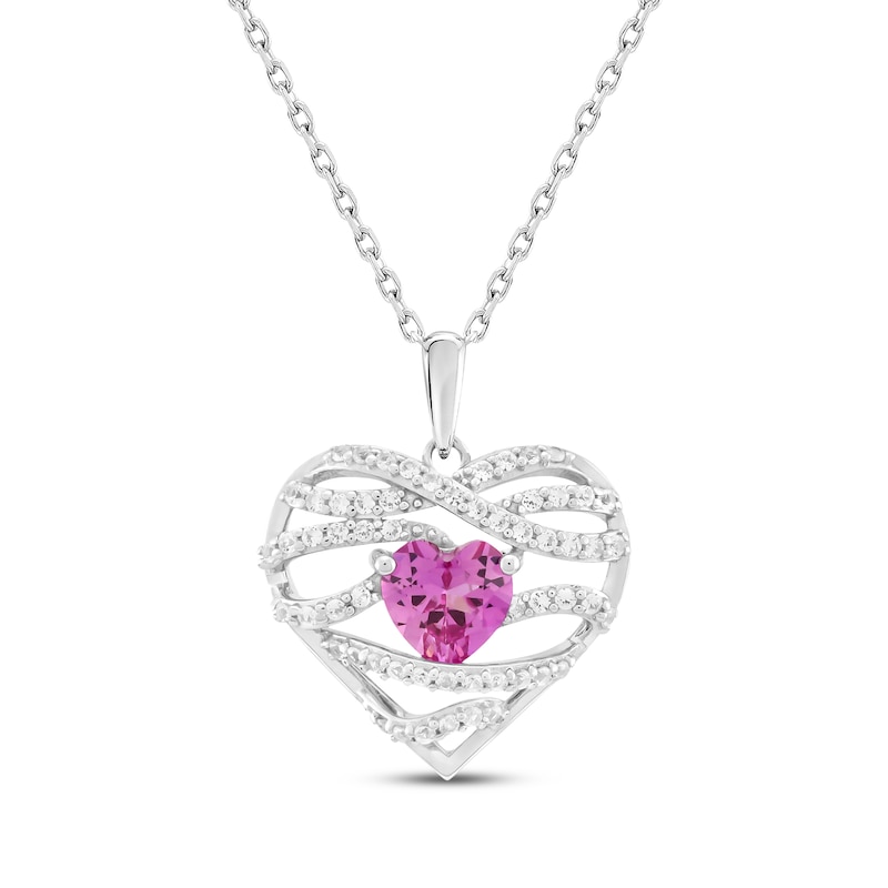 Main Image 1 of Heart-Shaped Pink Lab-Created Sapphire & White Lab-Created Sapphire Crisscross Heart Necklace Sterling Silver 18&quot;