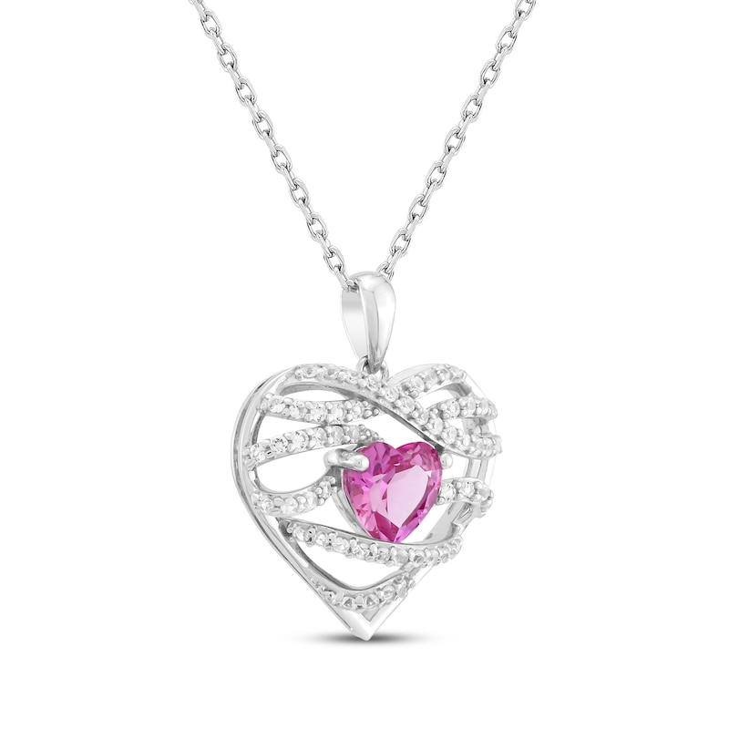 Main Image 2 of Heart-Shaped Pink Lab-Created Sapphire & White Lab-Created Sapphire Crisscross Heart Necklace Sterling Silver 18&quot;