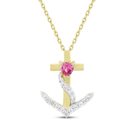 Heart-Shaped Pink Lab-Created Sapphire & White Lab-Created Sapphire Anchor Cross Necklace 10K Yellow Gold 18"