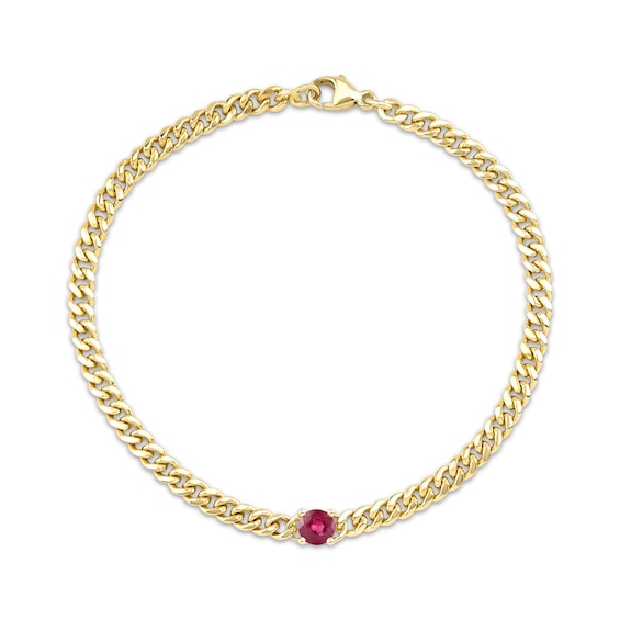 Round-Cut Ruby Solitaire Curb Chain Bracelet 10K Yellow Gold 7.25"