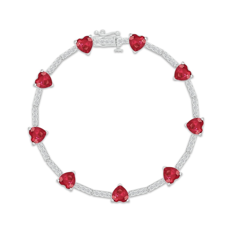 Main Image 1 of Heart-Shaped Lab-Created Ruby & White Lab-Created Sapphire Station Bracelet Sterling Silver 7&quot;