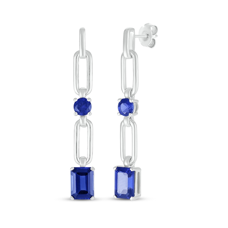 Main Image 1 of Round & Emerald-Cut Blue Lab-Created Sapphire Paperclip Drop Earrings Sterling Silver