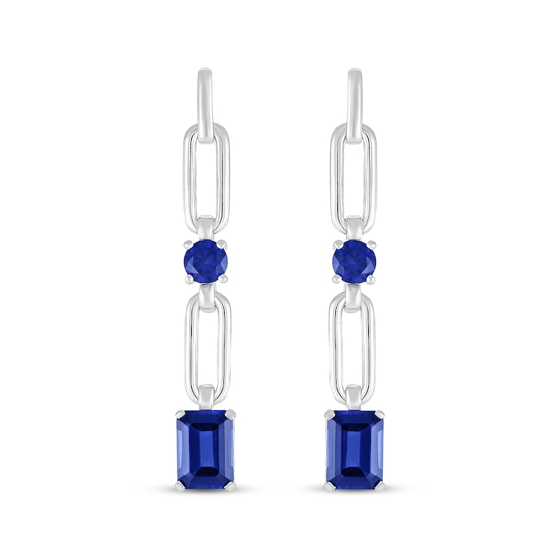 Main Image 2 of Round & Emerald-Cut Blue Lab-Created Sapphire Paperclip Drop Earrings Sterling Silver