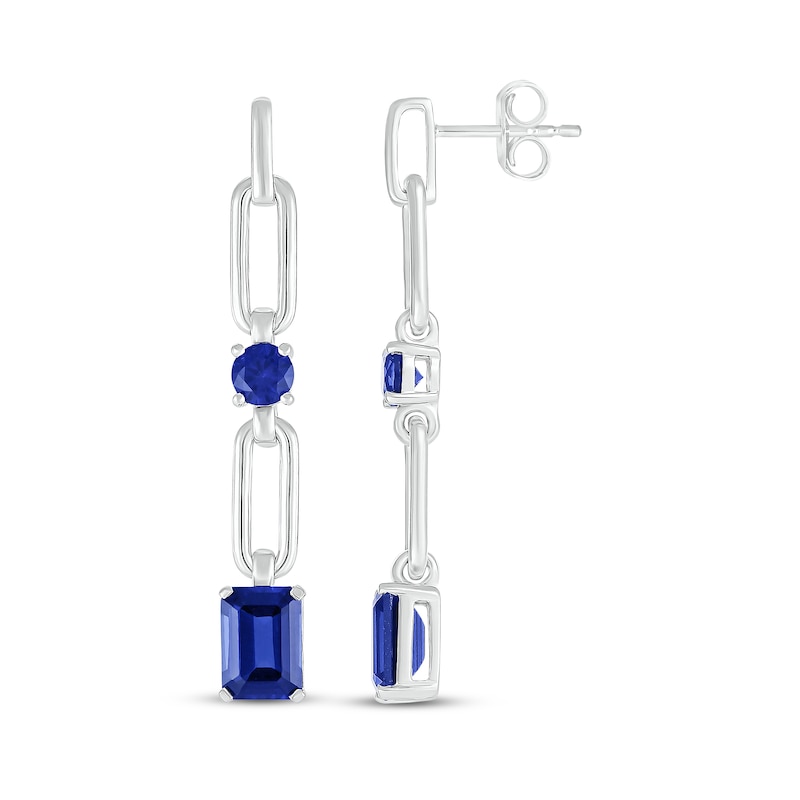 Main Image 3 of Round & Emerald-Cut Blue Lab-Created Sapphire Paperclip Drop Earrings Sterling Silver