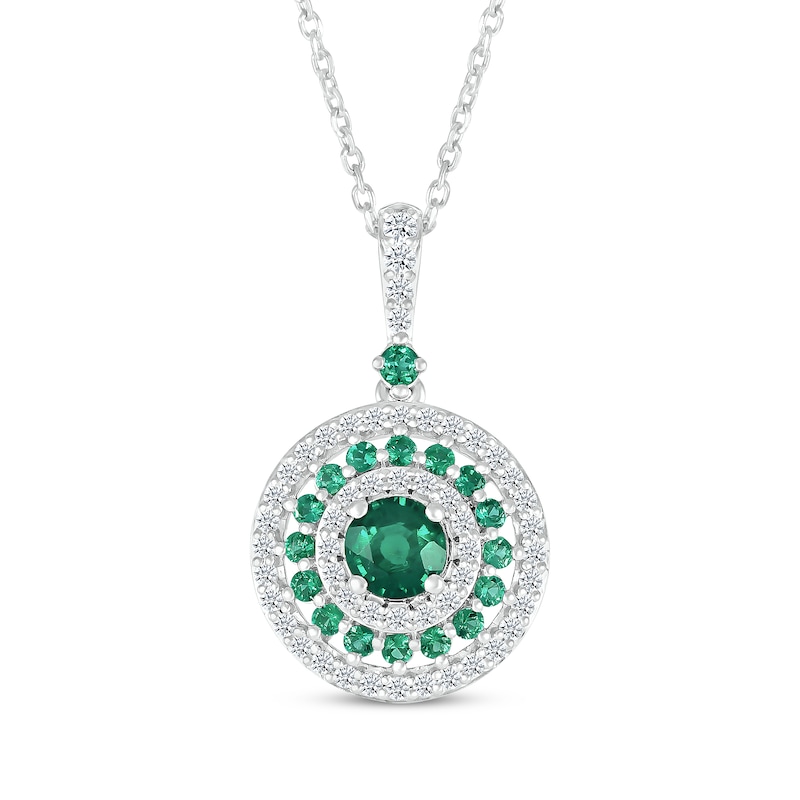 Main Image 1 of Lab-Created Emerald & White Lab-Created Sapphire Halo Necklace Sterling Silver 18&quot;