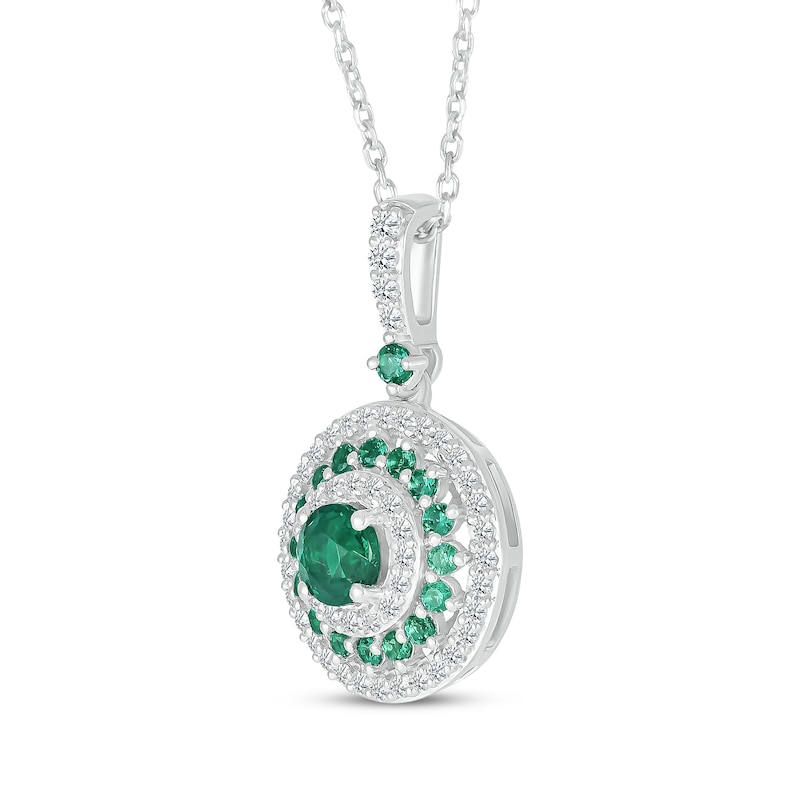 Main Image 2 of Lab-Created Emerald & White Lab-Created Sapphire Halo Necklace Sterling Silver 18&quot;