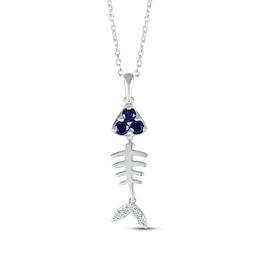 Blue & White Lab-Created Sapphire Fishbone Necklace Sterling Silver 18"