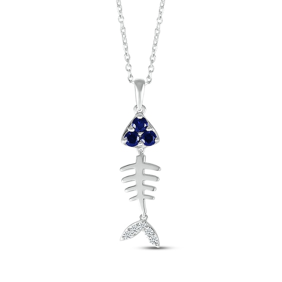 Blue & White Lab-Created Sapphire Fishbone Necklace Sterling Silver 18"