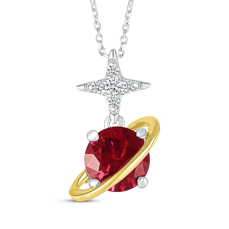 Main Image 1 of Lab-Created Ruby & White Lab-Created Sapphire Planet & Star Necklace Sterling Silver & 10K Yellow Gold 18&quot;
