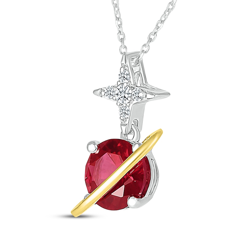 Main Image 2 of Lab-Created Ruby & White Lab-Created Sapphire Planet & Star Necklace Sterling Silver & 10K Yellow Gold 18&quot;