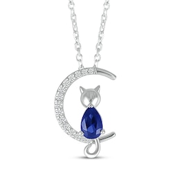 Pear-Shaped Blue Lab-Created Sapphire & White Lab-Created Sapphire Cat on Moon Necklace Sterling Silver 18"