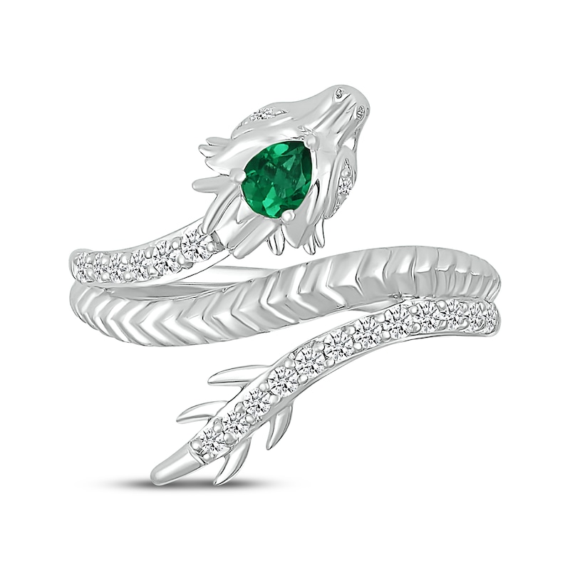 Pear-Shaped Lab-Created Emerald & White Lab-Created Sapphire Dragon Ring Sterling Silver