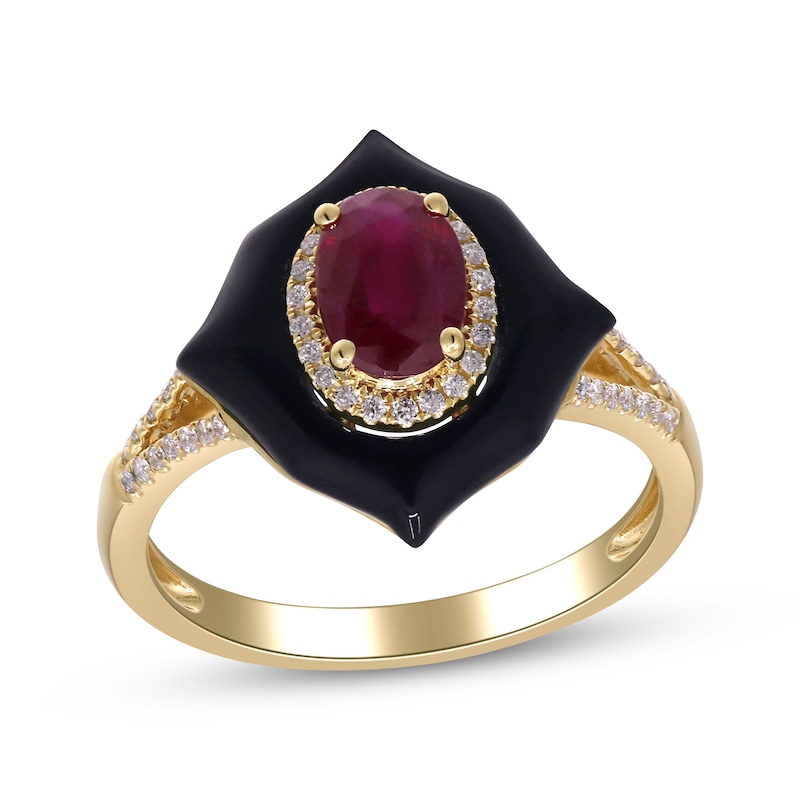 Main Image 1 of Oval-Cut Ruby, Black Mother-of-Pearl & Diamond Ring 1/6 ct tw 10K Yellow Gold