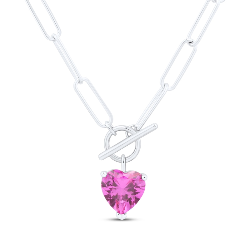 Main Image 1 of Heart-Shaped Pink Lab-Created Sapphire Paperclip Toggle Necklace Sterling Silver 18&quot;