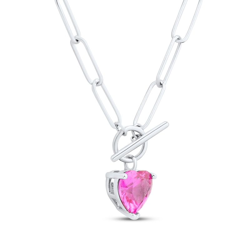 Main Image 2 of Heart-Shaped Pink Lab-Created Sapphire Paperclip Toggle Necklace Sterling Silver 18&quot;