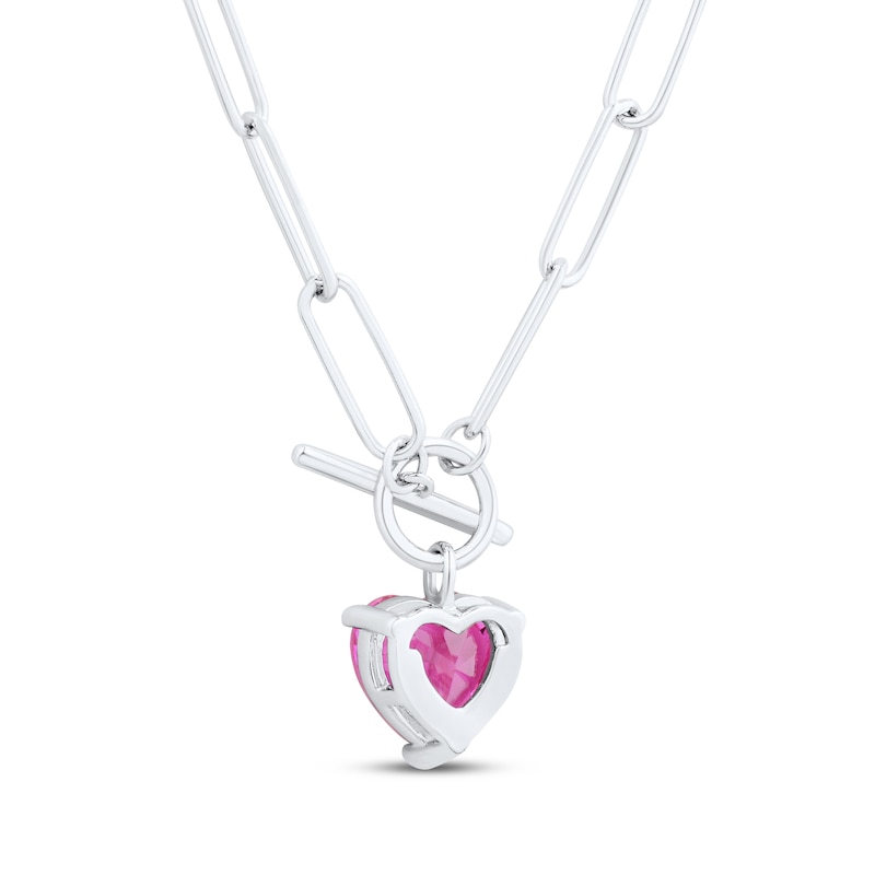 Main Image 3 of Heart-Shaped Pink Lab-Created Sapphire Paperclip Toggle Necklace Sterling Silver 18&quot;