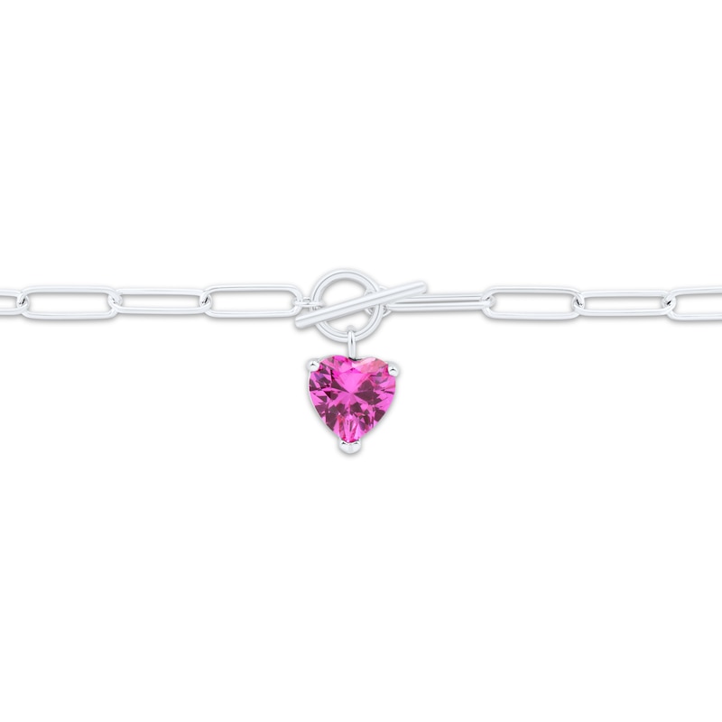 Main Image 4 of Heart-Shaped Pink Lab-Created Sapphire Paperclip Toggle Necklace Sterling Silver 18&quot;