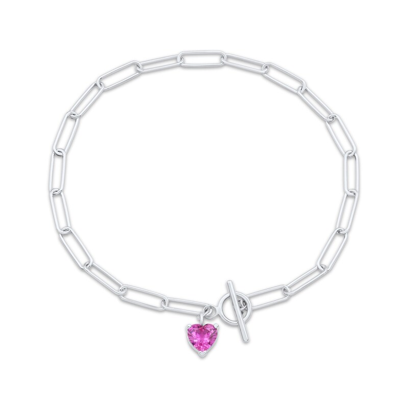 Main Image 1 of Heart-Shaped Pink Lab-Created Sapphire Paperclip Toggle Bracelet Sterling Silver 7.5&quot;