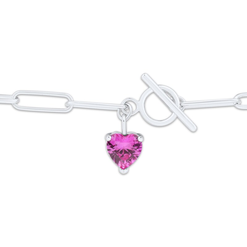 Main Image 3 of Heart-Shaped Pink Lab-Created Sapphire Paperclip Toggle Bracelet Sterling Silver 7.5&quot;