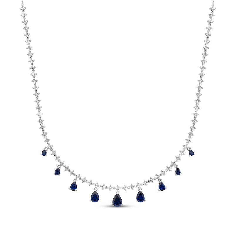 Main Image 1 of Pear-Shaped Blue Lab-Created Sapphire & White Lab-Created Sapphire Graduated Dangle Necklace Sterling Silver