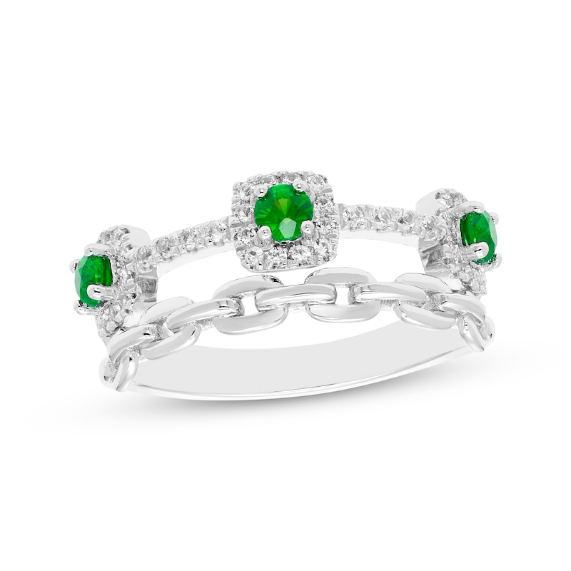 Main Image 1 of Lab-Created Emerald & White Lab-Created Sapphire Chain Link Ring Sterling Silver