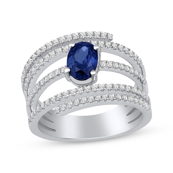 Oval-Cut Blue Lab-Created Sapphire & Diamond Multi-Row Open Ring 1/2 ct tw 10K White Gold
