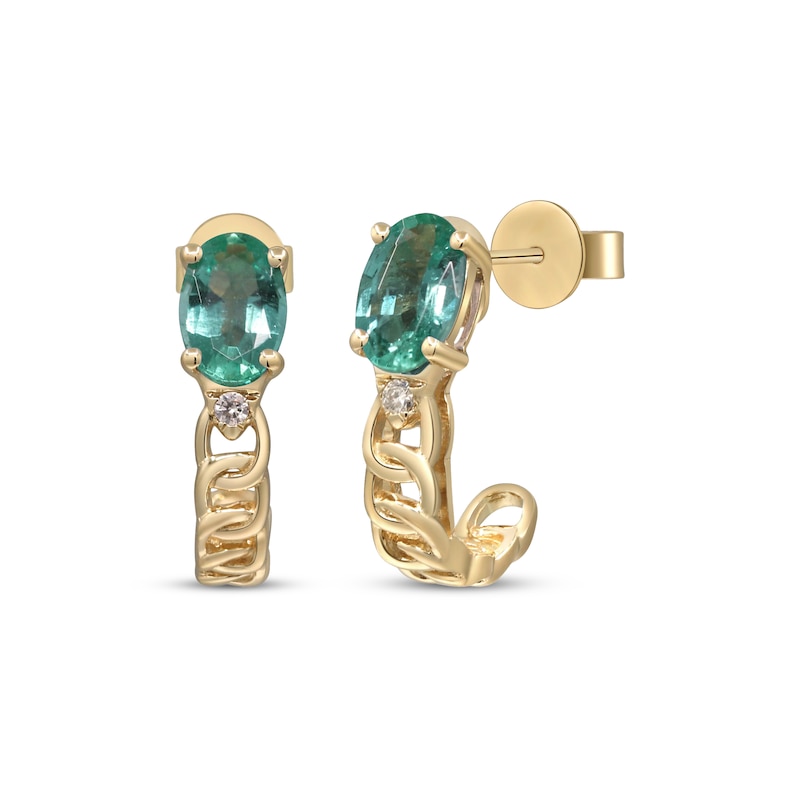 Main Image 1 of Oval-Cut Emerald & Diamond Accent J-Hoop Chain Earrings 10K Yellow Gold