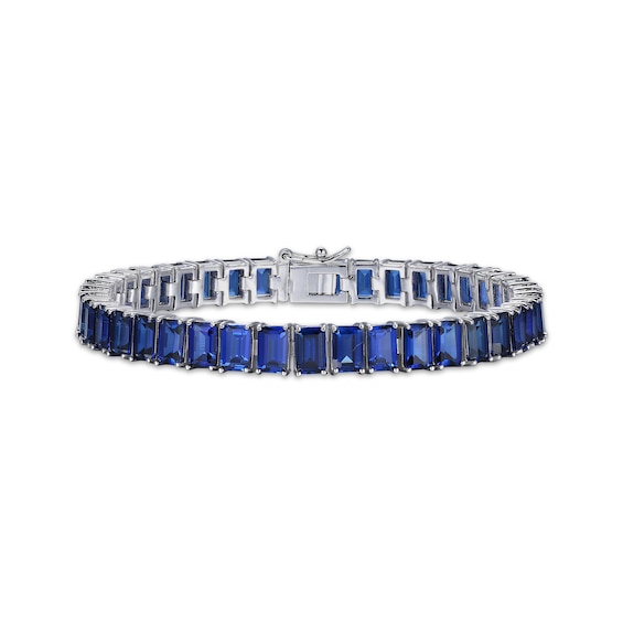 Emerald-Cut Blue Lab-Created Sapphire Line Bracelet Sterling Silver 7.25"