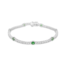 Lab-Created Emerald & White Lab-Created Sapphire Line Bracelet Sterling Silver 7.25"