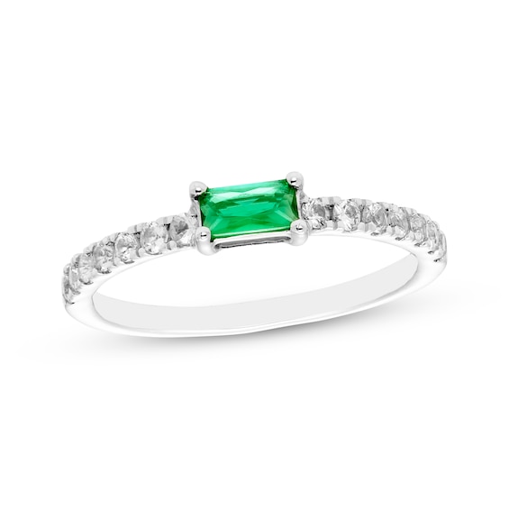 Baguette-Cut Lab-Created Emerald & White Lab-Created Sapphire Ring Sterling Silver