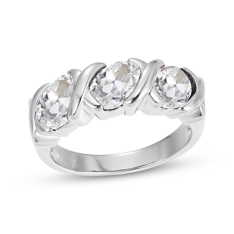 Main Image 1 of Oval-Cut White Lab-Created Sapphire Three-Stone Ring Sterling Silver