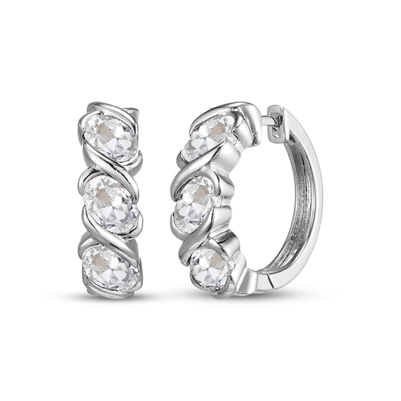 Oval-Cut White Lab-Created Sapphire Three-Stone Hoop Earrings Sterling Silver