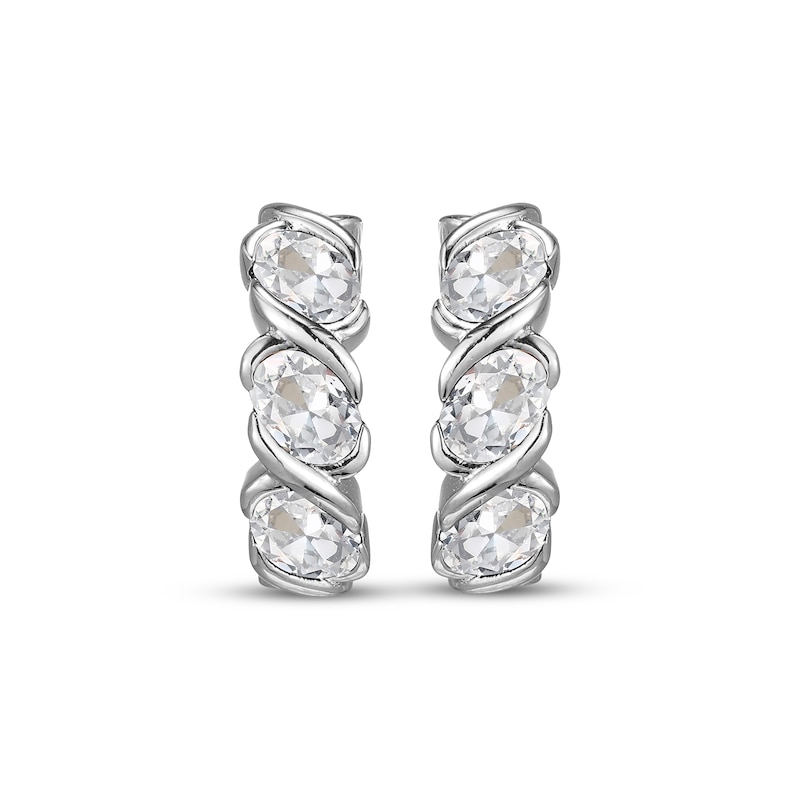 Main Image 2 of Oval-Cut White Lab-Created Sapphire Three-Stone Hoop Earrings Sterling Silver