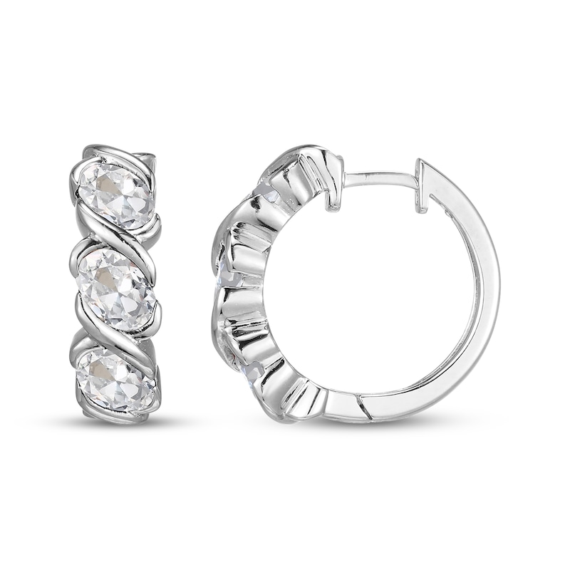 Main Image 3 of Oval-Cut White Lab-Created Sapphire Three-Stone Hoop Earrings Sterling Silver