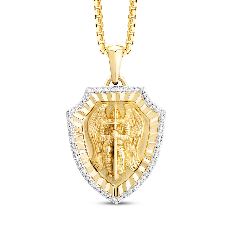 Men's White & Black Diamond Saint Michael Diamond-Cut Shield Necklace 1/3 ct tw 10K Yellow Gold 22"