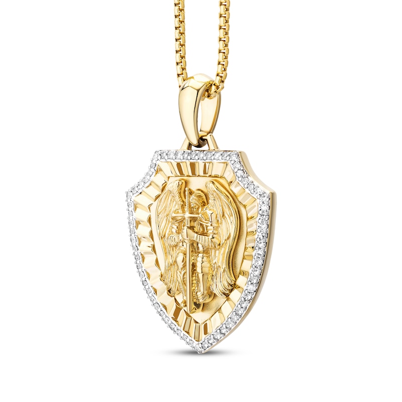 Men's White & Black Diamond Saint Michael Diamond-Cut Shield Necklace 1/3 ct tw 10K Yellow Gold 22"