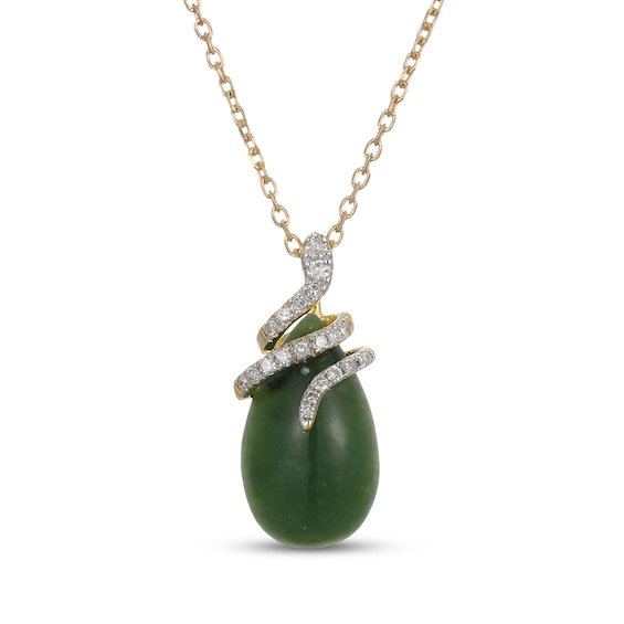Pear-Shaped Nephrite Jade & Diamond Snake Necklace 1/10 ct tw 14K Yellow Gold 18"
