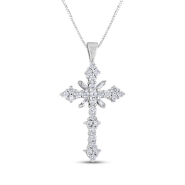 Baguette & Round-Cut Diamond Cross Necklace 1/2 ct tw 10K White Gold 18"