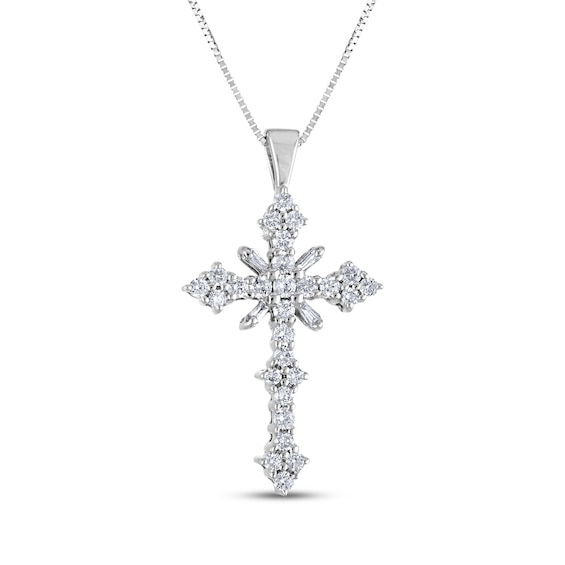 Baguette & Round-Cut Diamond Cross Necklace 1/2 ct tw 10K White Gold 18"