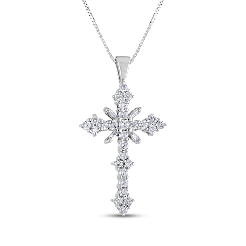 Main Image 1 of Baguette & Round-Cut Diamond Cross Necklace 1/2 ct tw 10K White Gold 18"