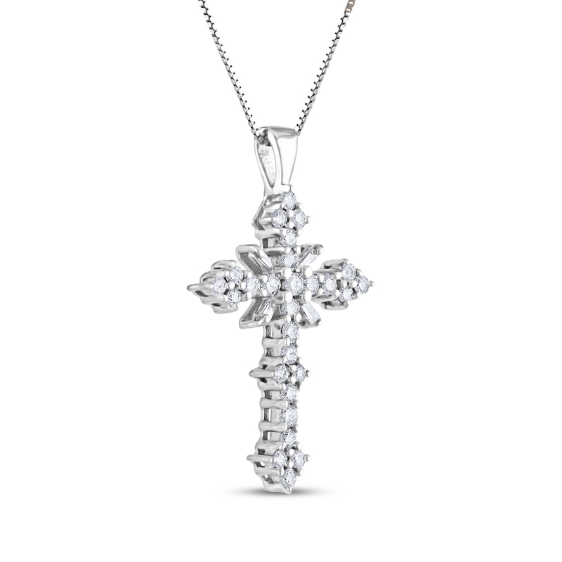 Main Image 2 of Baguette & Round-Cut Diamond Cross Necklace 1/2 ct tw 10K White Gold 18"