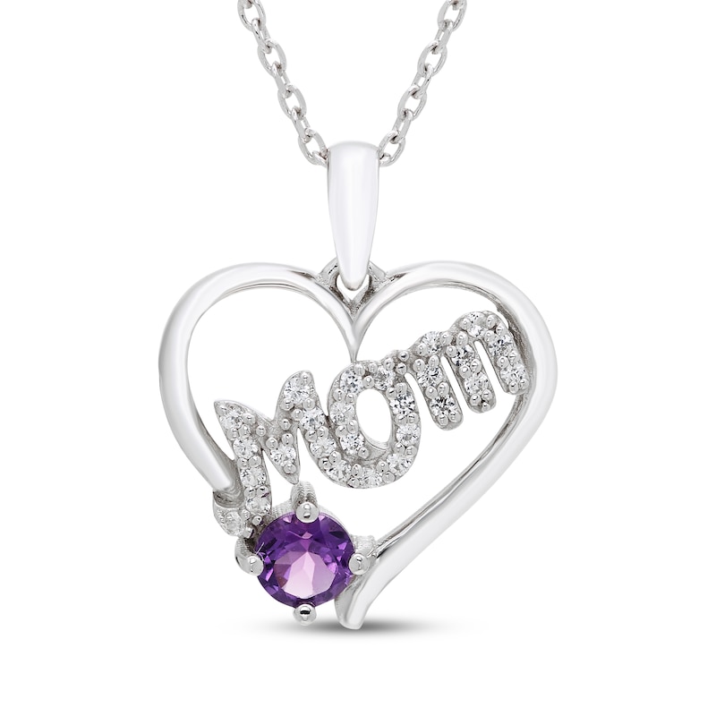 Main Image 1 of Amethyst & White Lab-Created Sapphire &quot;Mom&quot; Heart Necklace Sterling Silver 18&quot;