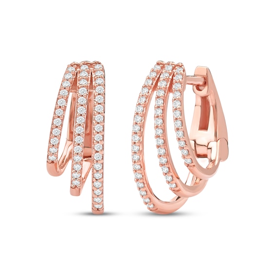 Diamond Three-Row Staggered Huggie Hoop Earrings 1/4 ct tw 10K Rose Gold